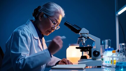researcher using microscope in laboratory. scientist conducts experiment and research. analysis recorded in notebook while woman in labcoat studies samples. professional focus on microscopy and data. - Powered by Adobe