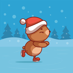 Funny bear skating, cute winter illustration