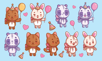 A fun, large set of cute kawaii animals. Vector illustrations of a cat, a bunny, and a panda.