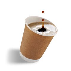 Inclined disposable paper cup with freshly brewed coffee with splash and drop, isolated on white background