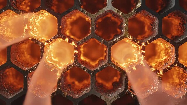 Catalytic converter honeycombs glowing as they filter toxic exhaust into cleaner gases
