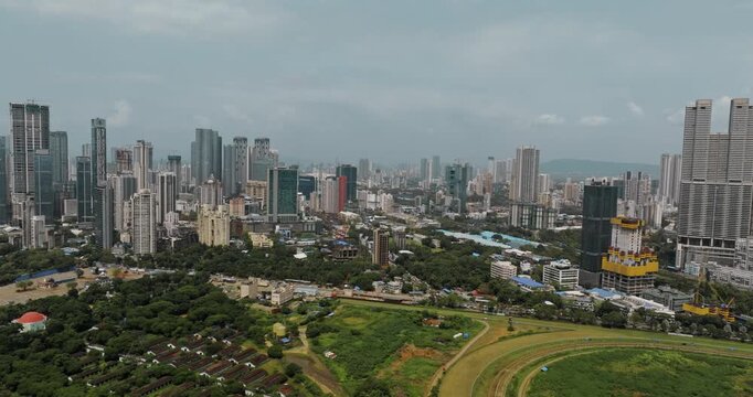 Aerial view of Mumbai Skyline, high-rise buildings in South Mumbai, Maharashtra, India. Cinematic shot of an Indian cityscape. Most Posh Areas in Mumbai.