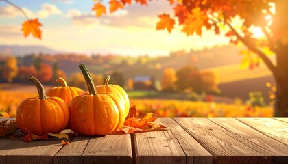 Autumn Harvest - Pumpkins on a Wooden Table with Scenic Backdrop.
