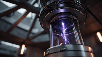 Futuristic experimental fusion energy device glowing with purple plasma arc inside glass chamber, cinematic lighting and industrial laboratory atmosphere, dramatic scientific mood