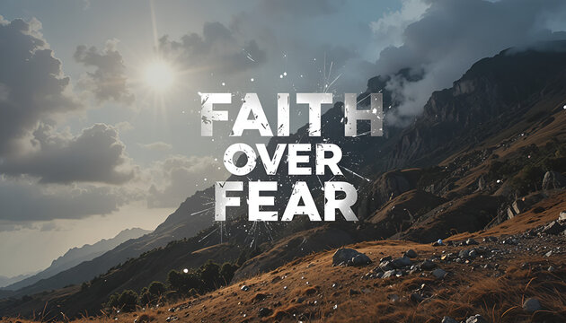 Faith over fear text overlay on a dramatic mountain landscape with sun rays breaking through clouds, conveying a message of hope and resilience