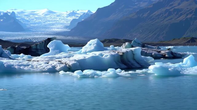 Floating icebergs on lake, glacial mountains background, scenic nature view for travel, adventure, and environment