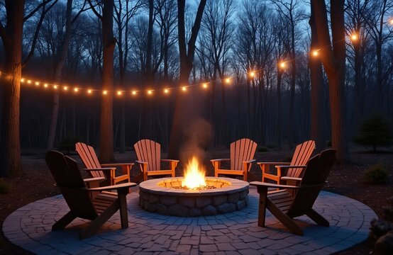 Evening scene with lit fire pit in forest clearing. Adirondack chairs arranged around stone hearth under string lights. Tall bare trees surround clearing, creating cozy woodland ambiance.