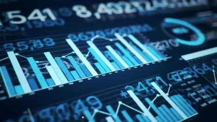Futuristic blue digital interface displaying glowing bar graphs and numerical data. Futuristic business analytics display. Financial data visualization and performance insight. - Powered by Adobe