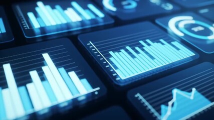 Digital financial dashboard showing analytics. Business growth and investment strategy. Futuristic digital screens display glowing blue bar graphs and line charts showing financial data. - Powered by Adobe
