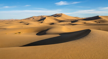 Expansive desert landscape featuring rolling sand dunes under a bright blue sky with wispy clouds ai generated