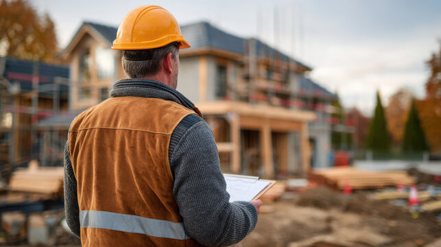 Construction manager clipboard site inspection back view overseeing house construction site autumn scene