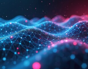 Abstract digital landscape. Glowing lines form hexagonal grid over wavy surface. Blue and pink dots connect forming network. Futuristic tech background.