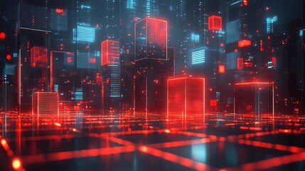 Abstract cityscape featuring glowing neon structures and interconnected grids, futuristic digital scene