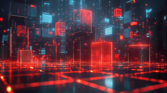 Abstract cityscape featuring glowing neon structures and interconnected grids, futuristic digital scene