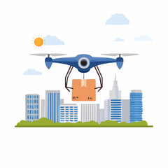 Blue Delivery Drone Carrying Package Over Cityscape Illustration.