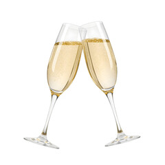 two elegant champagne glasses filled with sparkling wine, symbol of New Year toast, celebration, and luxury event on white background