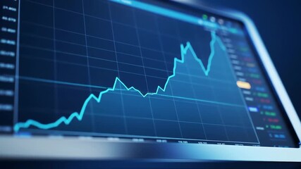 Blue digital financial graph displaying upward trend on screen with grid lines and data points. Financial data chart showing market growth. Business analysis and investment performance insight. - Powered by Adobe