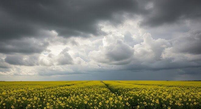 A vibrant field of yellow flowers stretches towards the horizon beneath a dramatic, cloudy sky - Powered by Adobe