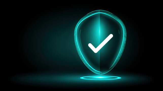 Neon green shield with check mark glowing on dark background, futuristic digital security concept with holographic light and data protection atmosphere