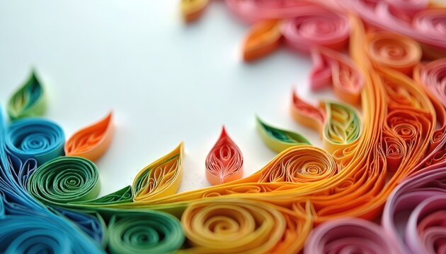 Colorful paper strips are shaped into abstract swirling floral patterns. This detailed quilling art forms organic design with vibrant hues, delicate textures, perfect for creative crafts, backgrounds.
