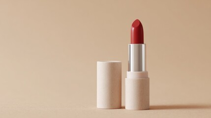 Red lipstick with a silver cap and a white tube. the lipstick is placed on a beige background.