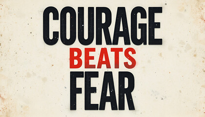 Bold typography displaying courage beats fear in striking black and red letters on a textured background, conveying a powerful message of bravery and overcoming challenges