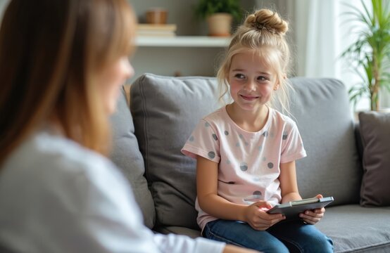 Happy little blonde girl smiles, holds tablet, looks at adult person. Kid sits on comfy grey sofa, communicates with woman in bright room. Child interacts with friendly pro specialist at home, maybe