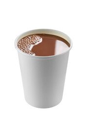 Hot chocolate with bubble in disposable paper cup isolated on white background