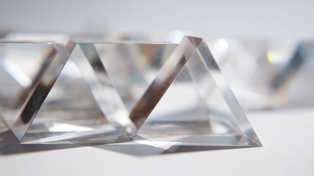 Close-up of a group of three triangular objects. the objects are made of clear glass and have a shiny, reflective surface.