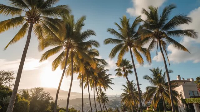 Coco Palms Swaying Beneath a Radiant Afternoon Sky in Luxurious Beverly Hills, Los Angeles