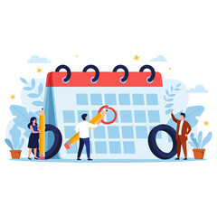 Business people planning schedule, marking important dates on a large calendar, event management concept