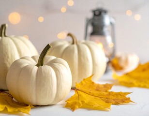 Autumnal Still Life with White Pumpkins and Maple Leaves.