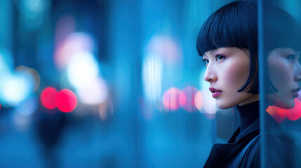 Japanese Woman by Blue Glass Reflection at Night ｜ 青いガラス越しに佇む日本人女性