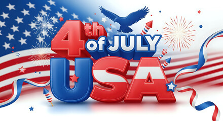 Happy 4th of july usa celebration with fireworks, eagle, and american flag