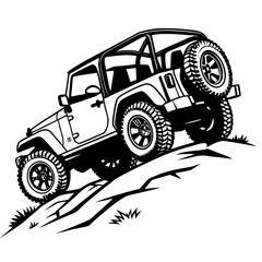 Black and white drawing of a jeep isolated on white