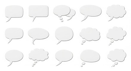 Fototapeta premium Collection of blank white speech bubbles with subtle shadows for text and messaging design elements illustration