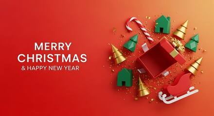 Festive Holiday Greetings Christmas & New Year Wishes, Featuring Ornament Elements on a Red Background