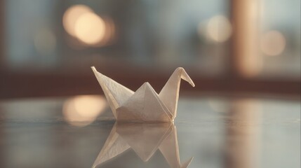 Close-up of an origami swan on a reflective surface. the swan is made of white paper and is in the shape of a star.