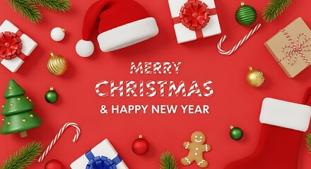 Festive Christmas and Happy New Year greeting card banner with holiday decorations on a vibrant red background, perfect for winter celebrations and seasonal wishes