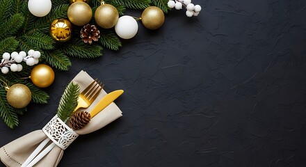 Festive Christmas dinner setting with golden ornaments, pine cones, and greenery