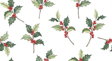 Christmas floral seamless pattern with red holly berries and green leaves branch decoration