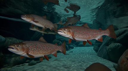 Fototapeta premium trout. Underwater scene of a trout swimming in a clear river, showcasing aquatic tranquility and wildlife. wildlife magazines, conservation campaigns, designed for nature documentaries and education.