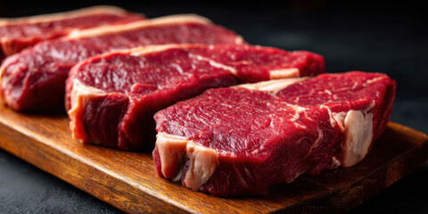 Fresh raw beef steak on wooden cutting board with visible marbling and fat, ready for cooking or grilling, rich red meat evokes appetizing and rustic culinary preparation