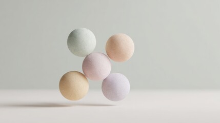 Fototapeta premium Group of six spherical objects arranged in a pyramid-like formation on a plain white background. the objects appear to be made of a soft, pastel-colored material, possibly felt or a similar material.