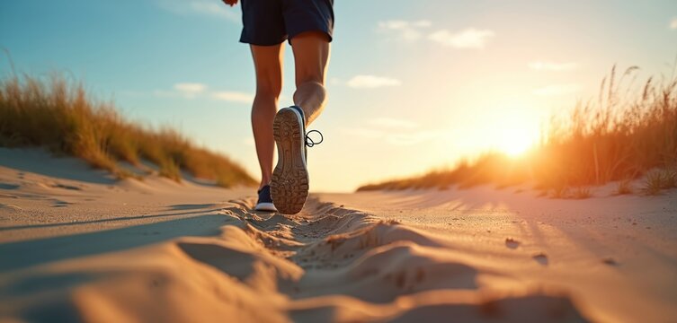 Athlete running on sandy beach at sunset. Runner training at coastline. Healthy lifestyle concept. Man exercises outdoors. Fitness activity at dusk. Sole close up on ocean sand ground. - Powered by Adobe