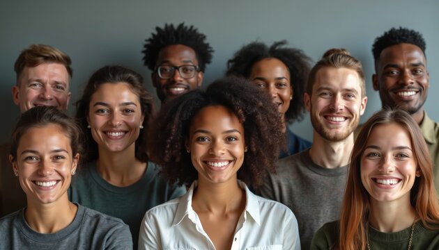 Group of diverse people smiling together indoors. Men and women of various ethnicities and ages looking at camera. Friends or colleagues share happy moment.