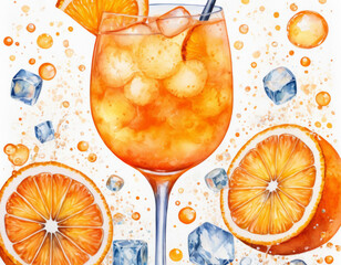 Vibrant close-up of a fizzy orange cocktail with ice cubes and citrus slices, sparkling with bubbles in a refreshing, summery, and energetic atmosphere.