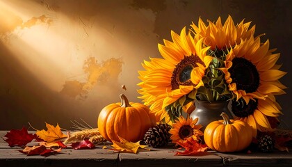 Autumnal Still Life with Sunflowers and Pumpkins on Wooden Table.