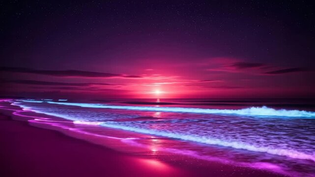 Serene evening beachscape featuring neon glowing waves under a starry night sky with beautiful color tones