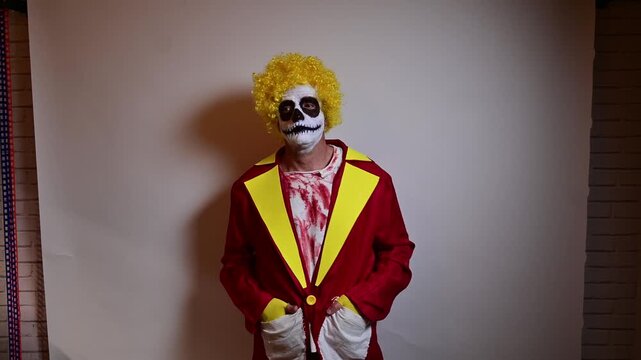 Scary clown with skeleton makeup dancing against a white background